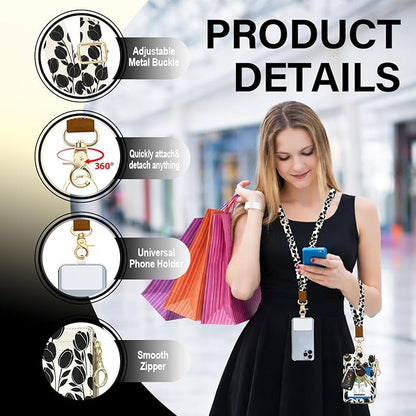 Flower Lanyard Wallet Women, Id Badge Holder with Neck & Wristlet Lanyard, Pu Leather Zipper Id Card Holder with Adjustable Lanyard, Id Badge with RFID Keychain Wallet for Women Office Gifts