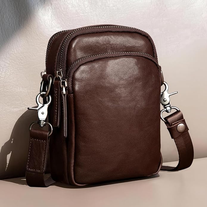 Augus Leather Messenger Crossbody Shoulder Bag for Men Work Business Casual Adjustable Straps (Black-1)