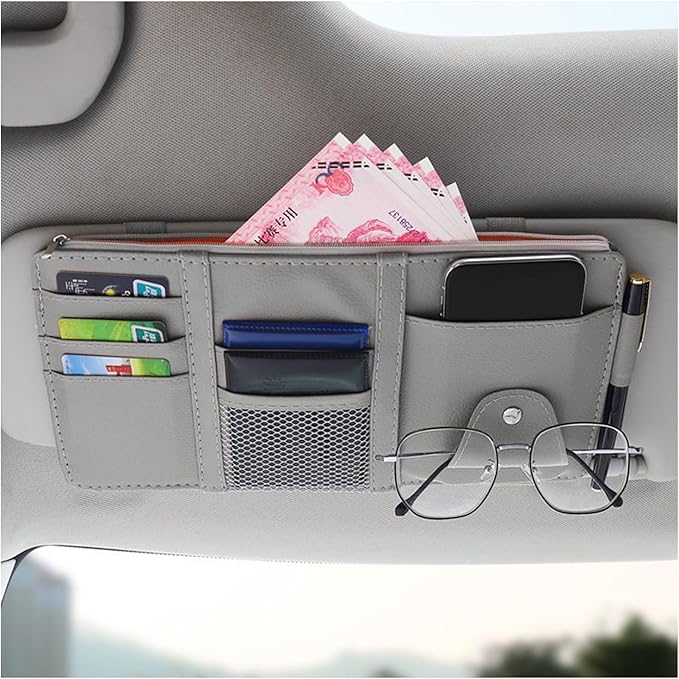 Augeny Car Sun Visor Organizer, Leather Personal Belonging Storage Pouch with Zipper, Car Visor Storage Pouch Sunglasses Holder, Auto Interior Accessories Pocket Organizers (Gray)