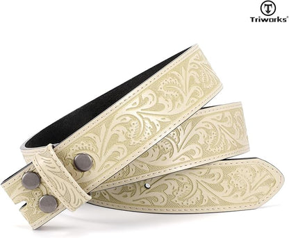 TRIWORKS Western Belt Strap for Men without Buckle 1.5" Wide Floral Engraved Embossed Leather Belt Strap