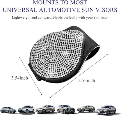 KVAEY Bling Sunglass Holder for Car Visor, Magnetic Leather Visor Clip Glasses Holder with Sparkling Rhinestones, Crystal Visor Ticket Card Clip for Women Girls, Car Accessories (Black & White)
