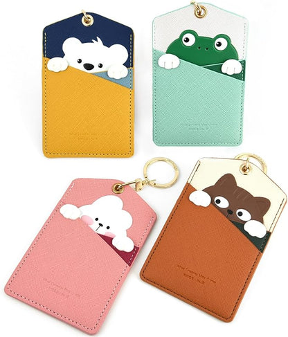 PU Leather ID Badge Holder with Keychain - Cartoon Animal Cute ID Badge Holder, 3 Card Slots for Professionals, Students, Nurse Officer, School Women Girls Boys (Green)