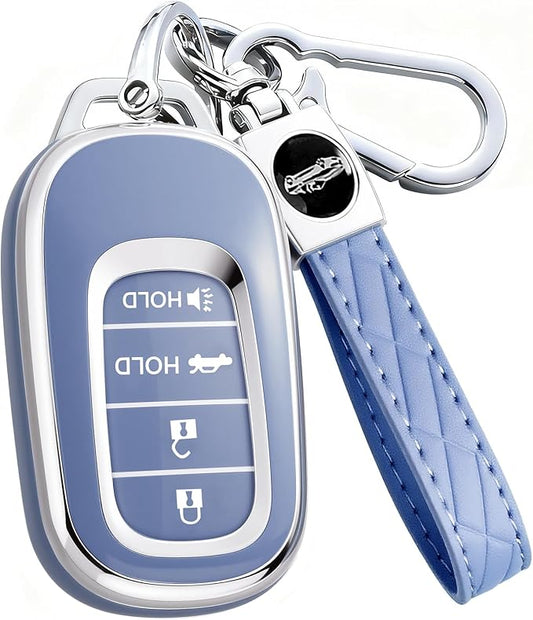 Key Fob Cover for Honda - Premium Soft TPU Shell Full Protection Case with Keychain, Fits Accord Civic HR-V CR-V Pilot Passport, Blue 4-Button