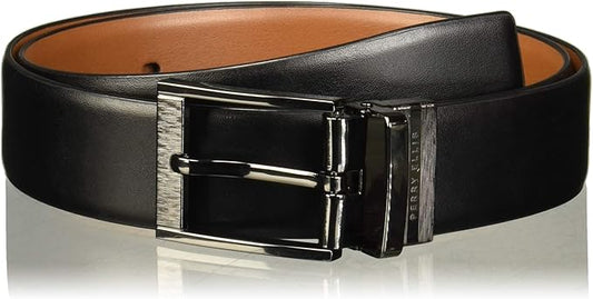 Perry Ellis Portfolio Feather Edge Leather Men's Belt, Reversible with Etched Buckle, Soft Touch Material