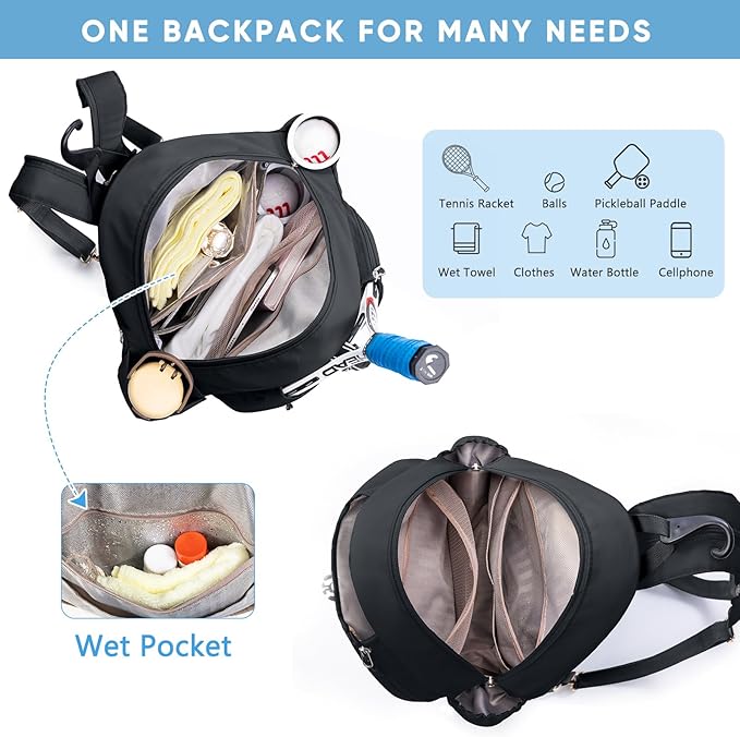 Tennis Backpack with 2 Rackets Holder, Water-Resistant PU Leather Tennis Racket Bag for Women & Men, Sling Crossbody Sports Backpack for Tennis, Pickleball & Badminton, Tennis Gifts
