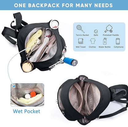 Tennis Backpack with 2 Rackets Holder, Water-Resistant PU Leather Tennis Racket Bag for Women & Men, Sling Crossbody Sports Backpack for Tennis, Pickleball & Badminton, Tennis Gifts