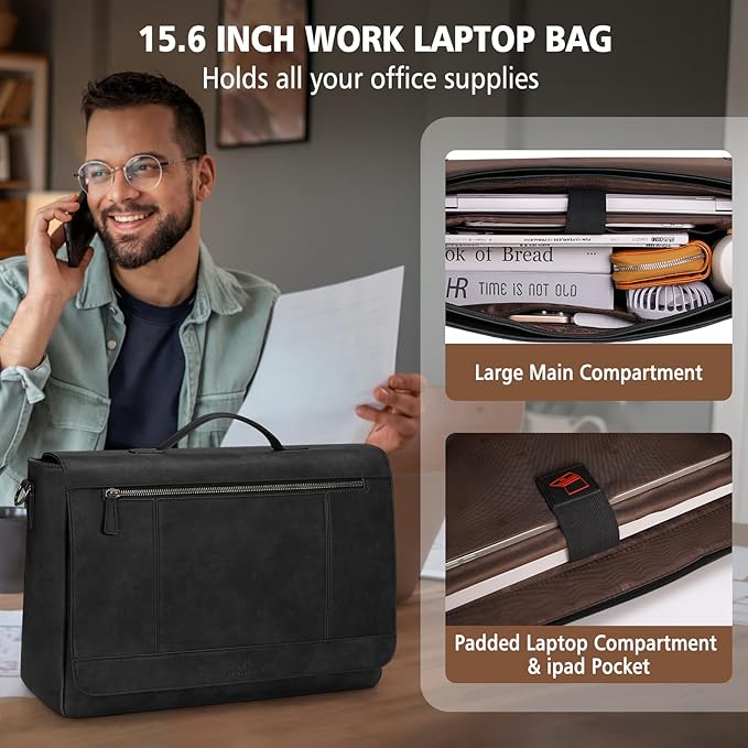 RAINSMORE Leather Messenger Bag for Men 15.6 Inch Laptop Bag Vintage Briefcase Large Computer Bag Satchel Shoulder Bag For College,Work,Business,Office,Black