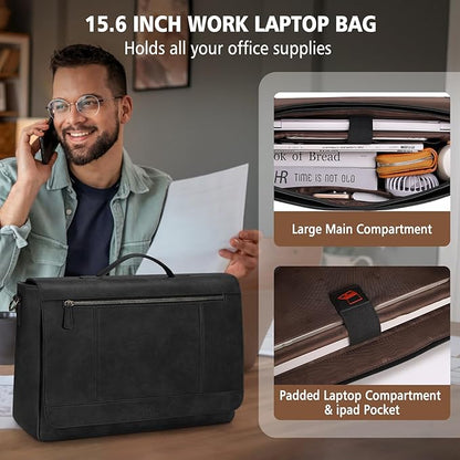 RAINSMORE Leather Messenger Bag for Men 15.6 Inch Laptop Bag Vintage Briefcase Large Computer Bag Satchel Shoulder Bag For College,Work,Business,Office,Black