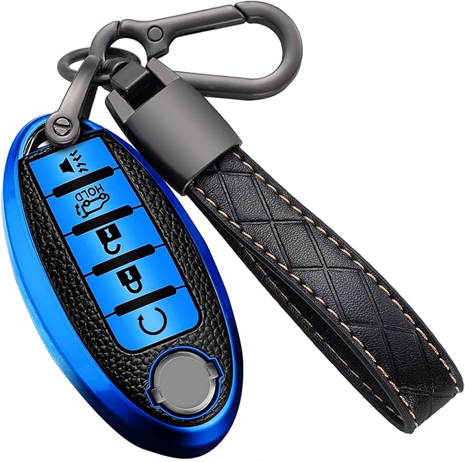 Montague Key Fob Cover for Nissan with Keychain Accessories, Premium TPU Full Protection Key Case for Altima Rogue Sentra Maxima Armada Pathfinder Murano, for Infiniti Key Shells (5-Buttons, Blue)
