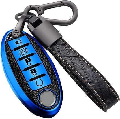 Montague Key Fob Cover for Nissan with Keychain Accessories, Premium TPU Full Protection Key Case for Altima Rogue Sentra Maxima Armada Pathfinder Murano, for Infiniti Key Shells (5-Buttons, Blue)
