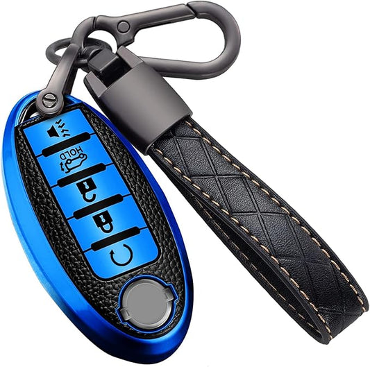 Montague Key Fob Cover for Nissan with Keychain Accessories, Premium TPU Full Protection Key Case for Altima Rogue Sentra Maxima Armada Pathfinder Murano, for Infiniti Key Shells (5-Buttons, Blue)