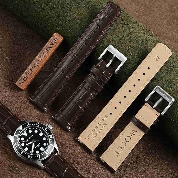 WOCCI Watch Bands, Top Grain Leather, Embossed Alligator Grain, Quick Release, Band Width 18mm 20mm 22mm