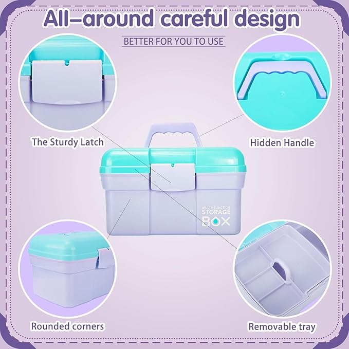 TERGOO 11in Mutipurpose Storage Box Organizer with Removable Tray, Portable Small Craft Organizer with Handle, Plastic Clear Tool Box Art Case for Makeup, Sewing, Nail, Hair Accessories (Purple Blue)