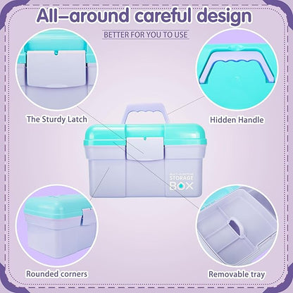 TERGOO 11in Mutipurpose Storage Box Organizer with Removable Tray, Portable Small Craft Organizer with Handle, Plastic Clear Tool Box Art Case for Makeup, Sewing, Nail, Hair Accessories (Purple Blue)