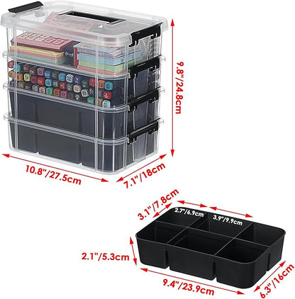 JUXYES 4-Tiers Stack Carry Storage Box With 2 Divided Tray, Transparent Stackable Storage Bin With Handle Lid Latching Storage Container for School & Office Supplies, Black