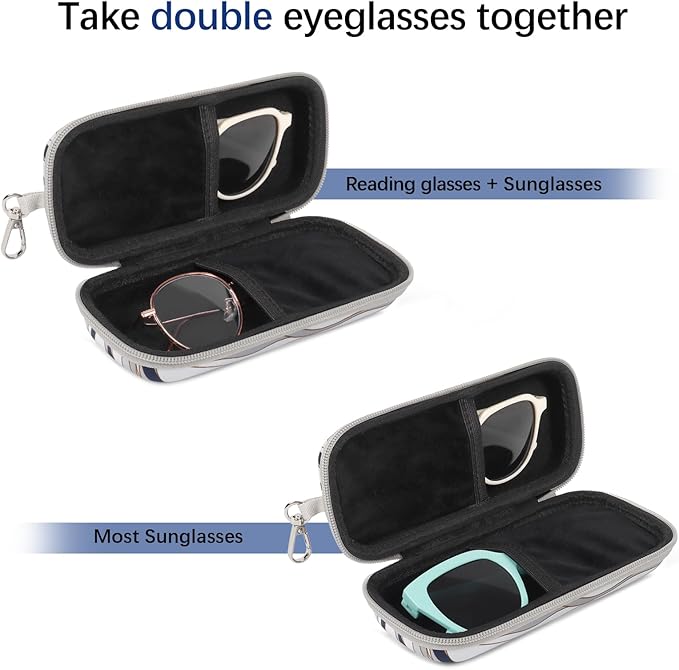 Double Eyeglasses Case Hard Shell Dual Sunglasses Organizer with Zipper Closure Travel Eyewear Storage for Vehicle