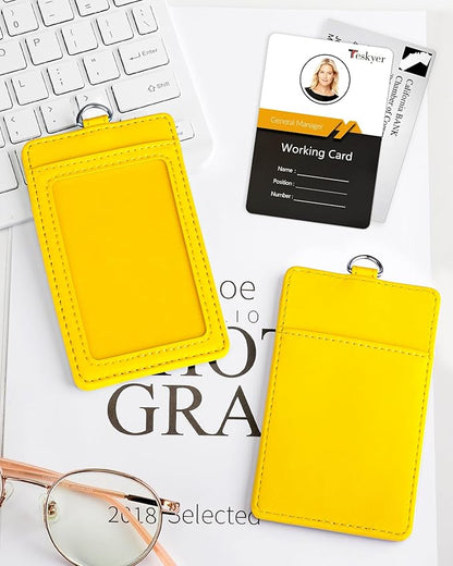 Teskyer Badge Holder with Lanyard, Leather ID Name Badge Card Holder with Lanyard for ID Badges, Vertical, Bright Yellow