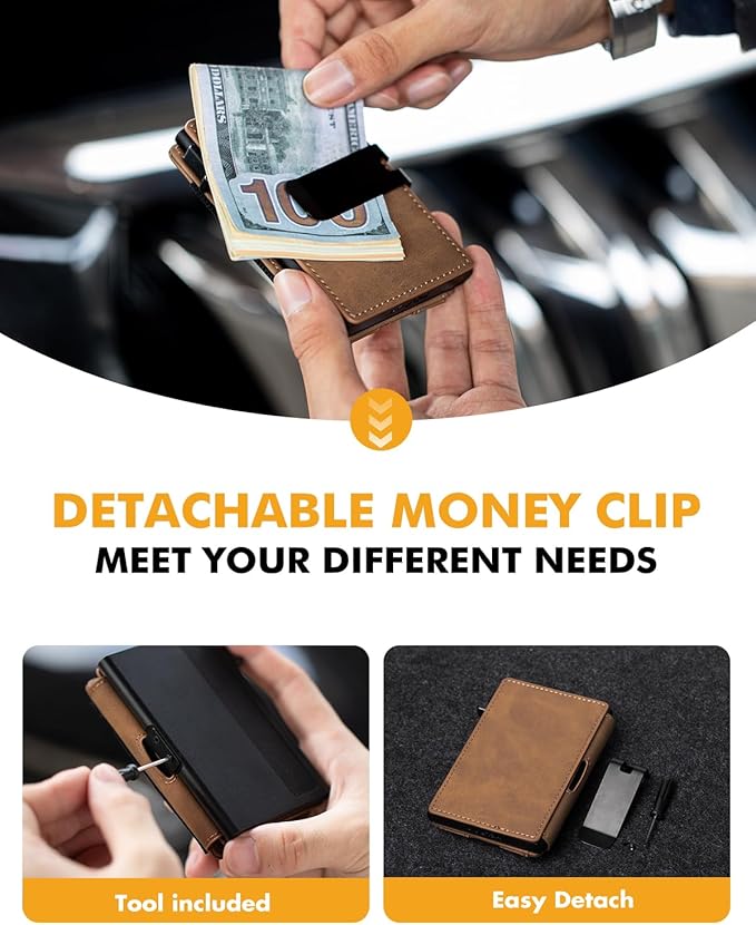 IW Slim Airtag Wallet for Men: Pop Up Bifold Wallet with Detachable Money Clip ID Window for Air Tag(1st & 2nd Generation) - RFID Blocking for 8-10 Cards Cash - Gift Box Included (Light Brown)