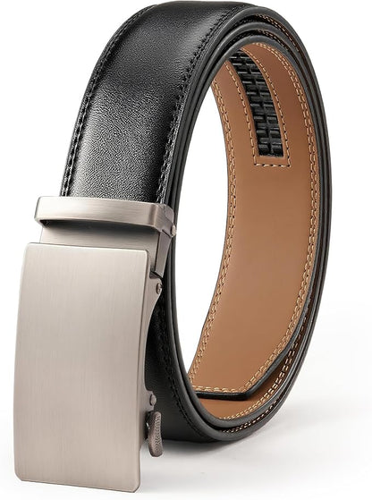 Men's Leather Ratchet Belt, 1-3/8" Wide, Auto Buckle, Trim-to-Fit, No Holes, Casual & Dress, Gift Box