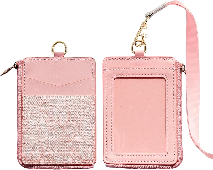 2-in-1 ID Badge Holder & Elastic Card Holder Wallet,Minimalist Men & Women Zip Card Holder Wallet with Neck Lanyard,3 Card Slots and 1 Side Zipper Pocket (Pink-B2)
