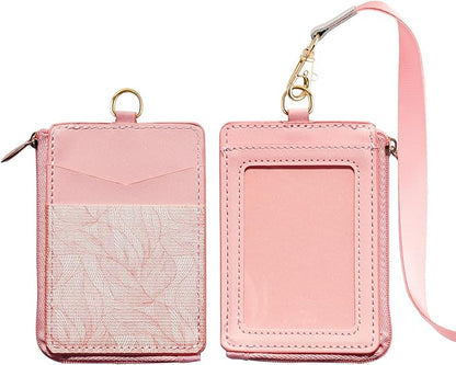2-in-1 ID Badge Holder & Elastic Card Holder Wallet,Minimalist Men & Women Zip Card Holder Wallet with Neck Lanyard,3 Card Slots and 1 Side Zipper Pocket (Pink-B2)