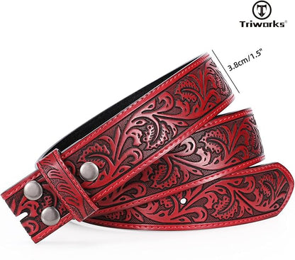 TRIWORKS Western Belt Strap for Men without Buckle 1.5" Wide Floral Engraved Embossed Leather Belt Strap