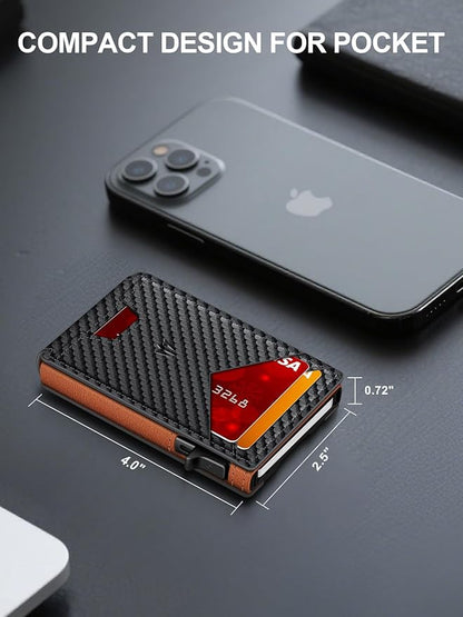 Wallet for Men, Slim Minimalist Wallet with Money Clip＆ID Window, RFID Blocking Pop-Up Credit Card Holder, Smart Auminum Mens Wallet Holds 9-13 Cards (Gift Box) (Carbon Fiber & Orange)