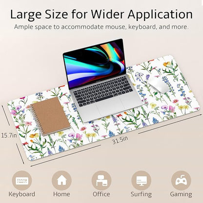 Mouse Pad Leather Desk Mat Large Keyboard Cute Office Desktop Computer Laptop XXL Long Big Aesthetic Modern Design Women Girls Gaming Gamer Oversized Wide Mousepad 31.5"x15.7", White Floral