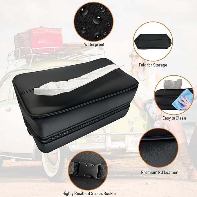 Witaxima Large Car Tissue Holder for 120 Standard Tissues, Premium PU Leather Tissue Holder in Car Backseat Rectangular, Napkin Holder for Car Fits for Kleenex Tissues Box Daily Use Black