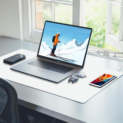 Desk Mat with Wireless Charging, White Mouse Pad with Wireless Charger, Desk Pad Matt for Desktop, Mousepad Gaming Large Mouse Pad, Leather Compute for Keyboard and Mouse, 32" x 16"