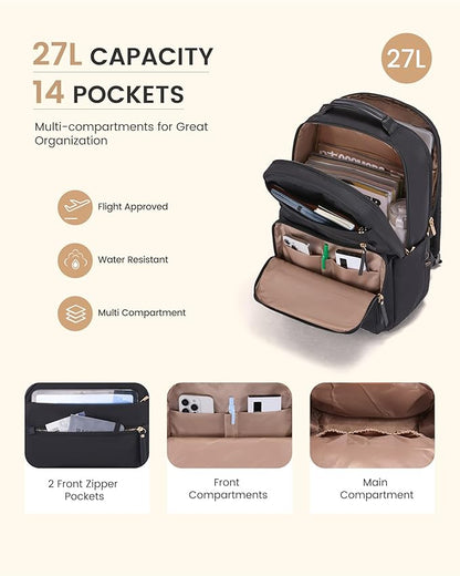 LOVEVOOK Laptop Backpack for Women with Leather Trim & Tumbler Pockets, 15.6" Work Backpack Purse, Travel Personal Item Bag, Carry On Business Computer Bag for Office, School, or Gift, Lustrous Pine