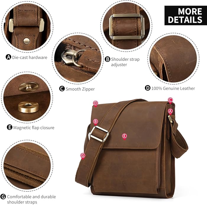 Augus Leather Messenger Crossbody Shoulder Bag for Men Work Business Casual Adjustable straps With YKK Metal Zipper