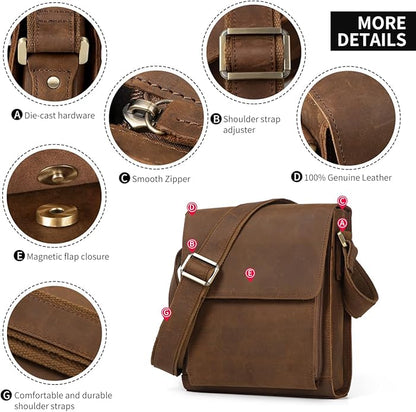 Augus Leather Messenger Crossbody Shoulder Bag for Men Work Business Casual Adjustable straps With YKK Metal Zipper