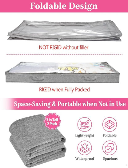3-Inch High Under Bed Storage Containers, Low Profile Underbed Bins, NO RIGID STRUCTURE, Foldable Clothes Storage Organizer w/Lid & Zipper, Shallow Storage for Low Beds, Couches & Cribs, 2-Pack, Gray