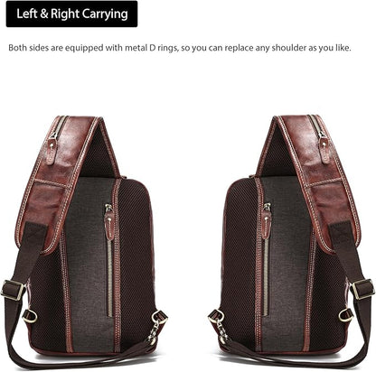 LANNSYNE Full Grain Leather Sling Bag For Men, Crossbody Bag fits 12.9" iPad Crossbody Chest Daypack