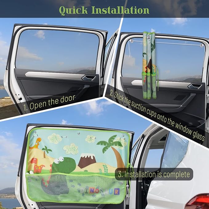 DIZA100 Car Window Shade for Baby, 2 Pack Car Sun Shades with Storage Pockets Car Window Curtain 7 Suction Cups Dinosaurs Pattern for Sun/Heat/UV Rays Protection