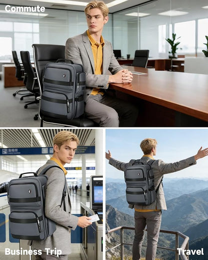 Work Laptop Backpack for Men 17in, USB-C Port Carry On Backpack with Patented Adjustable Width Straps, TSA Dual Laptop Compartments Backpack Travel, Waterproof Business Backpack for Professional, Grey