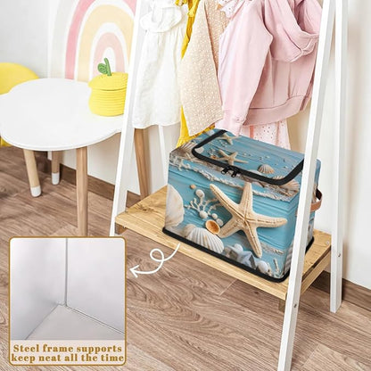 Ocean Shells Starfish Storage Bins With Zipper Lid, Collapsible Trunk Organizer, Car Organizers and Storage Bins with Lids, Decorative Storage Boxes with Handle, Home Storage Baskets for Organizing