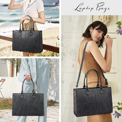 LOVEVOOK Laptop Tote Bag for Women, 15.6 Inch Large Capacity Vintage Leather Work Computer Bag, Business Casual Shoulder Handbag, Dark Grey