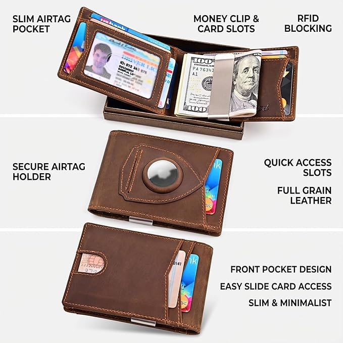 kinzd Slim Wallet with Money Clip RFID Blocking Minimalist Bifold Wallet for Men Genuine Leather Front Pocket Card Holder