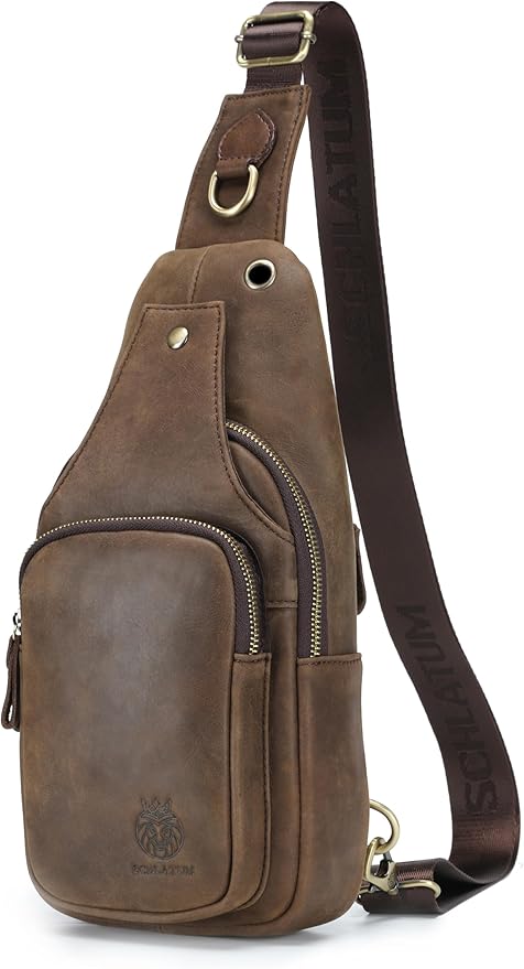 Mens Sling Bag Genuine Leather Crossbody Bags for Men Small Sling Chest Backpack Casual Man Bag Hiking Outdoor, Coffee