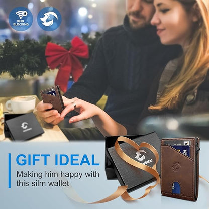 Wallet for Men, Slim Pop Up Card Holder with RFID Blocking, Minimalist Bifold Wallet with 9 Card Slots, ID Window and Cash Pocket, Metal Flip Case with Magnetic Closure, Gift Box