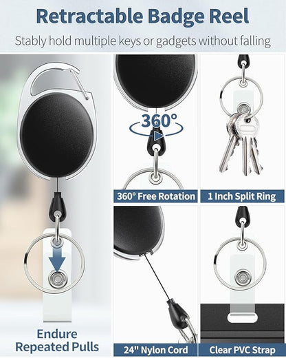 Uniclife 3 Pack Sliding Badge Holder Hard Black Horizontal Plastic Card Case Protector with Retractable Badge Reel Carabiner for Office School ID Credit Proximity Key Card Driver’s License and Pass