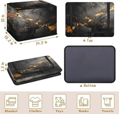 Black Gold Marble Storage Bins With Zipper Lid, Collapsible Trunk Organizer, Car Organizers and Storage Bins with Lids, Decorative Storage Boxes with Handle, Home Storage Baskets For Organizing