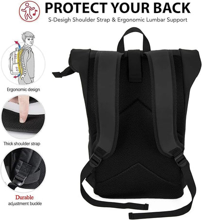 X RAY Roll Top Laptop Backpack for Men Women, PU Leather Expandable Roll Up Backpack Capacity Adjustable 22L & Fits 15.6" Laptop, Royal Blue/Tangerine