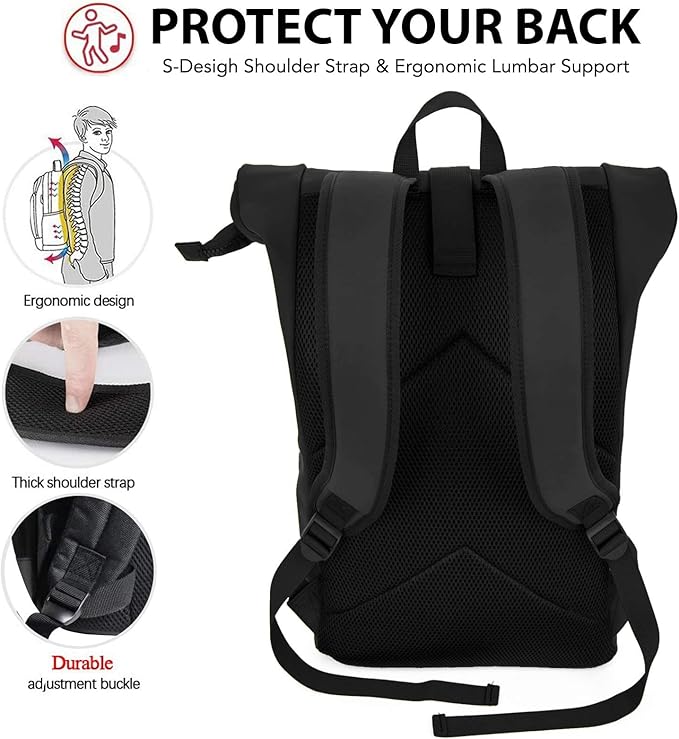 X RAY Roll Top Laptop Backpack for Men Women, PU Leather Expandable Roll Up Backpack Capacity Adjustable 22L & Fits 15.6" Laptop, Black/Red