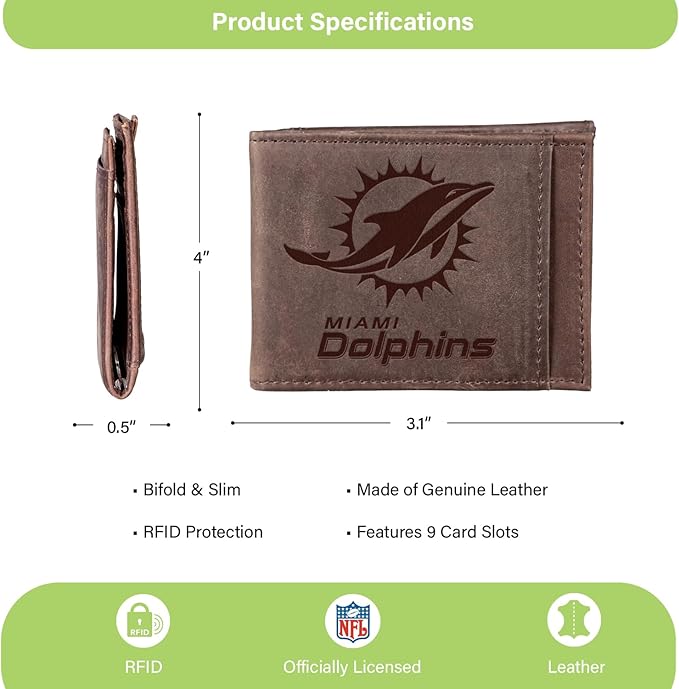 Team Sports America NFL Miami Dolphins Front Pocket Slim Wallet for Men | Minimalist Leather RFID Blocking Bifold Card Holder with Money Clip | Officially Licensed Stamped Logo