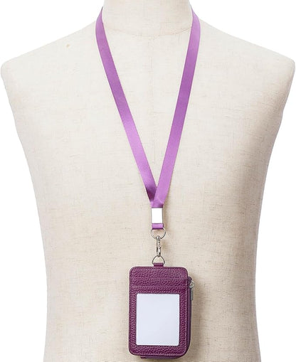 Badge Holder – Genuine Leather ID Badge Holder with Zipper Pocket and Nylon Lanyard – Perfect for Badges, Cards, and More