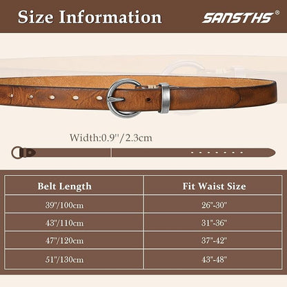SANSTHS Womens Genuine Leather Belts for Jeans Pants Trendy Vintage Thin Leather Belt Gold Buckle Ladies Skinny Waist Belt
