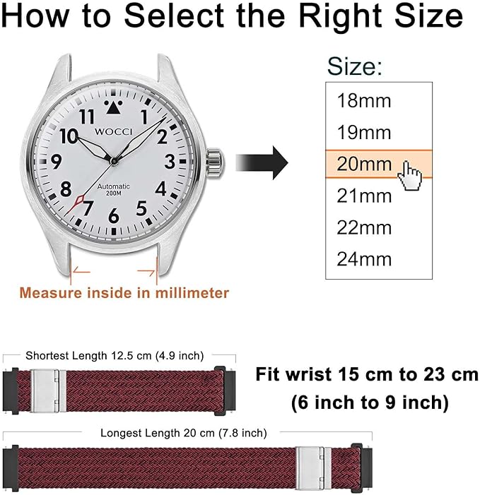 WOCCI 21mm Braided Nylon Watch Band for Men and Women, Quick Release, Silver Stainless Steel Buckle (Red Black)